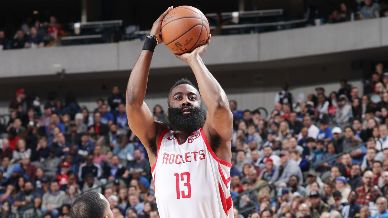 DALLAS, TX - MARCH 10: James Harden #13 of the Houston Rockets shoots the ball against the Dallas Mavericks on March 10, 2019 at the American Airlines Center in Dallas, Texas. Mandatory Copyright Notice: Copyright 2019 NBAE