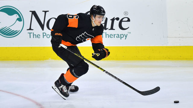 PHILADELPHIA, PA - FEBRUARY 09: Philadelphia Flyers defenseman Travis Sanheim (6) in action during the NHL hockey game between the Anaheim Ducks and the Philadelphia Flyers on February 09, 2019 at the Wells Fargo Center in Philadlephia PA.