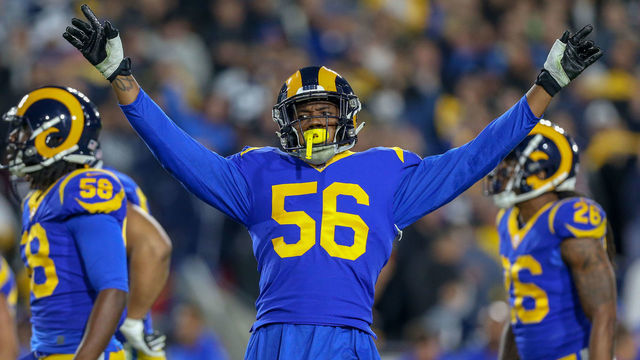 LOS ANGELES, CA - JANUARY 12: Los Angeles Rams linebacker Dante Fowler (56) raises hands during the NFC Divisional Football game between the Dallas Cowboys and the Los Angeles Rams on January 12, 2019 at the Los Angeles Memorial Coliseum in Los Angeles, CA.