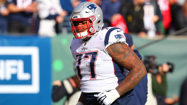 EAST RUTHERFORD, NJ - NOVEMBER 25: New England Patriots offensive tackle Trent Brown (77)vduring warm ups prior to the National Football League game between the New England Patriots and the New York Jets on November 25, 2018 at MetLife Stadium in East Rutherford, NJ.