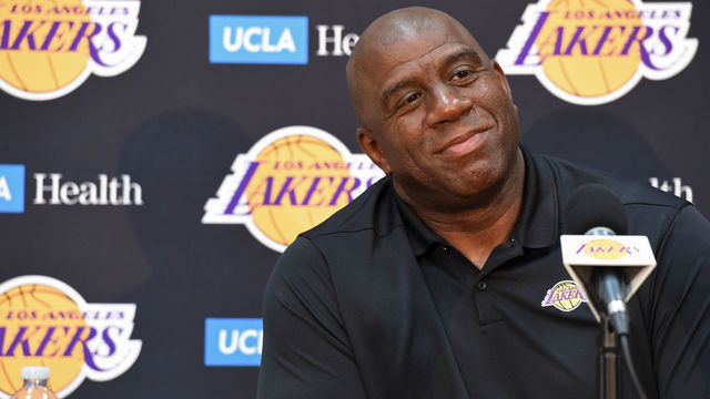 EL SEGUNDO, CA - SEPTEMBER 20: Lakers President of Basketball Operations Earvin 'Magic' Johnson and General Manager Rob Pelinka conduct a press conference at the Lakers UCLA Health Training Facility in El Segundo, California. Mandatory Copyright Notice: Copyright 2018 NBAE
