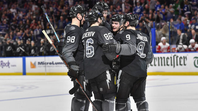 TAMPA, FL - MARCH 09: Tampa Bay Lightning right wing Nikita Kucherov (86) celebrates his goal with teammates during the third period of an NHL game between the Detroit Red Wings and the Tampa Bay Lightning on March 09, 2019 at Amalie Arena in Tampa, FL.