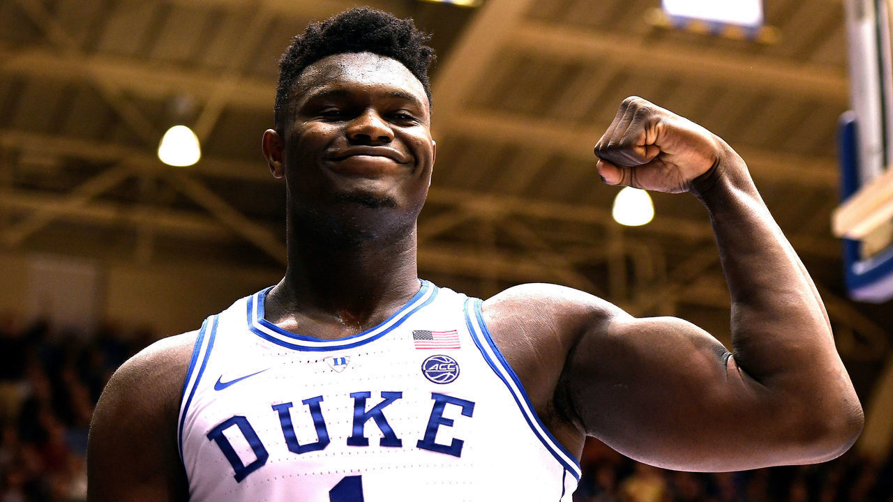 DURHAM, NC - FEBRUARY 16: Zion Williamson #1 of the Duke Blue Devils reacts during their game against the North Carolina State Wolfpack at Cameron Indoor Stadium on February 16, 2019 in Durham, North Carolina. Duke won 94-78.