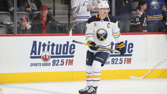 DENVER, CO - MARCH 9: Jack Eichel #9 of the Buffalo Sabres skates during warm ups prior to the game against the Colorado Avalanche at the Pepsi Center on March 9, 2019 in Denver, Colorado.
