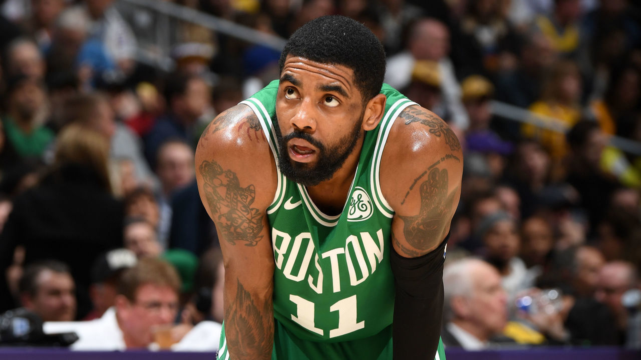 LOS ANGELES, CA - MARCH 9: Kyrie Irving #11 of the Boston Celtics looks on during a game against the Los Angeles Lakers on March 9, 2019 at STAPLES Center in Los Angeles, California. NOTE TO USER: User expressly acknowledges and agrees that, by downloading and/or using this Photograph, user is consenting to the terms and conditions of the Getty Images License Agreement. Mandatory Copyright Notice: Copyright 2019 NBAE