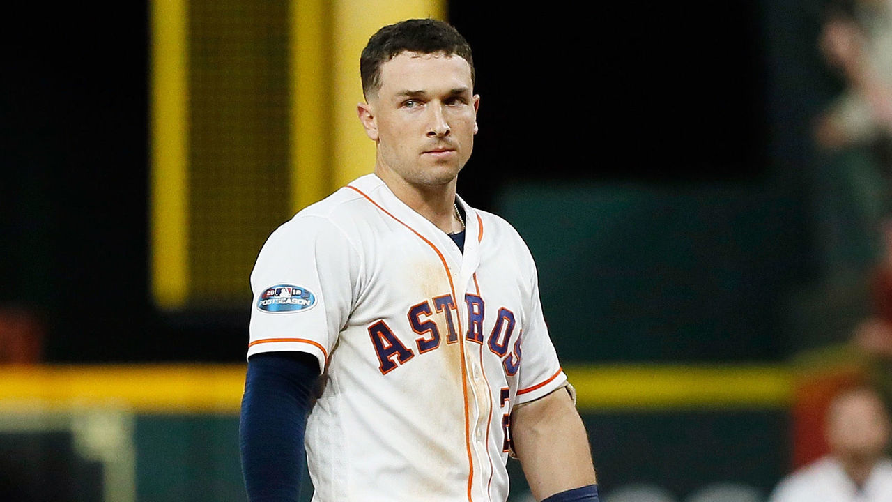 HOUSTON, TX - OCTOBER 17: Alex Bregman #2 of the Houston Astros reacts after lining out to Andrew Benintendi #16 of the Boston Red Sox (not pictured) for the final out of the game during Game Four of the American League Championship Series at Minute Maid Park on October 17, 2018 in Houston, Texas.