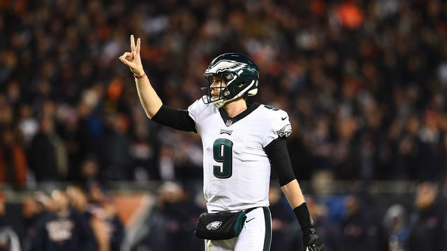 CHICAGO, ILLINOIS - JANUARY 06: Nick Foles #9 of the Philadelphia Eagles calls for a two point conversion attempt during the NFC Wild Card Playoff game against the Chicago Bears at Soldier Field on January 06, 2019 in Chicago, Illinois. The Eagles defeated the Bears 16-15.
