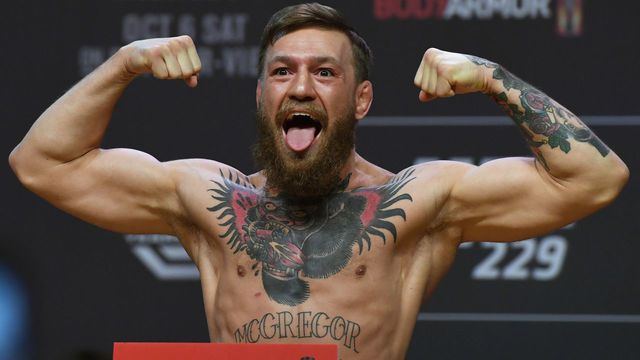 LAS VEGAS, NEVADA - OCTOBER 05: Conor McGregor poses during a ceremonial weigh-in for UFC 229 at T-Mobile Arena on October 05, 2018 in Las Vegas, Nevada. McGregor will challenge UFC lightweight champion Khabib Nurmagomedov for his title at UFC 229 on October 6 at T-Mobile Arena in Las Vegas.
