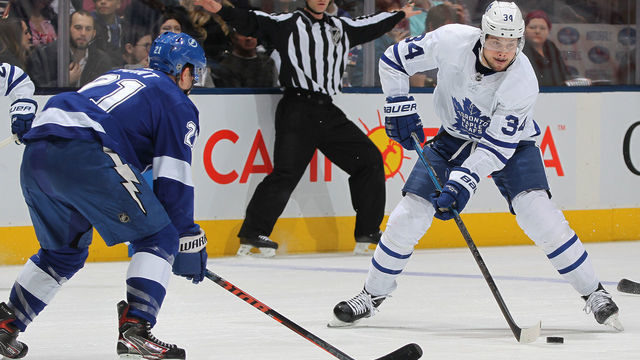 TORONTO, ON - MARCH 11: Auston Matthews #34 of the Toronto Maple Leafs gets set to step around Brayden Point #21 of the Tampa Bay Lightning for a goal during an NHL game at Scotiabank Arena on March 11, 2019 in Toronto, Ontario, Canada.
