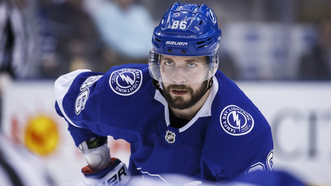 TORONTO, ON - MARCH 11: Nikita Kucherov #86 of the Tampa Bay Lightning gets ready for a face-off during the first period against the Toronto Maple Leafs at the Scotiabank Arena on March 11, 2019 in Toronto, Ontario, Canada.
