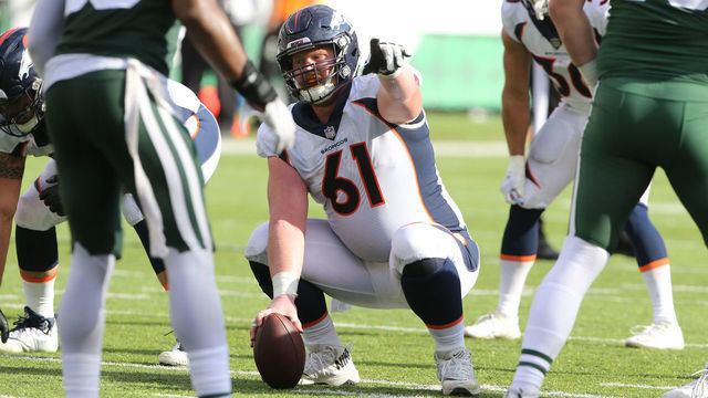 EAST RUTHERFORD, NJ - OCTOBER 07: Matt Paradis #61 of the Denver Broncos in action against the New York Jets on October 7, 2018 at MetLife Stadium in East Rutherford, NJ.