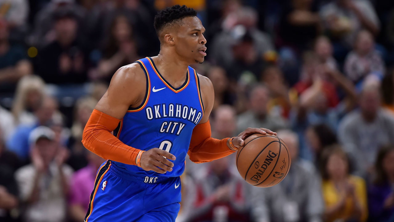 SALT LAKE CITY, UT - MARCH 11: Russell Westbrook #0 of the Oklahoma City Thunder brings the ball up court against the Utah Jazz in the first half of a NBA game at Vivint Smart Home Arena on March 11, 2019 in Salt Lake City, Utah.