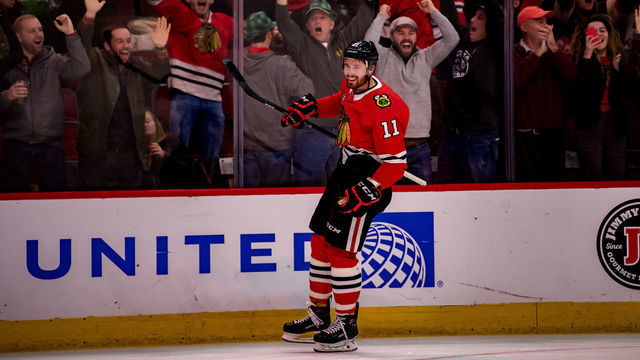 CHICAGO, IL - MARCH 11: Chicago Blackhawks left wing Brendan Perlini (11) celebrates a hat-trick goal during a game between the Arizona Coyotes and the Chicago Blackhawks on March 11, 2019, at the United Center in Chicago, IL.