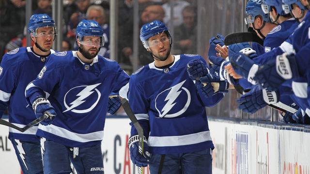 TORONTO, ON - MARCH 11: Tyler Johnson #9 of the Tampa Bay Lightning celebrates a goal against the Toronto Maple Leafs during an NHL game at Scotiabank Arena on March 11, 2019 in Toronto, Ontario, Canada.