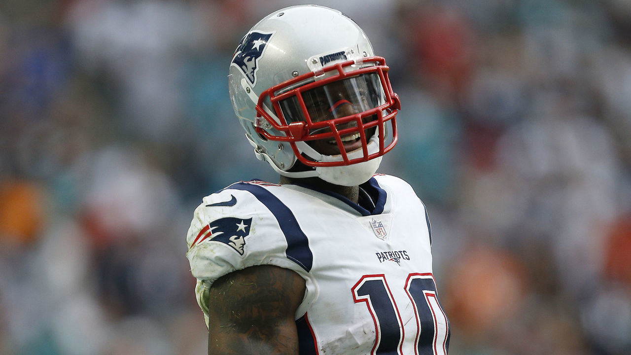MIAMI, FL - DECEMBER 09: Josh Gordon #10 of the New England Patriots looks on against the Miami Dolphins at Hard Rock Stadium on December 9, 2018 in Miami, Florida.