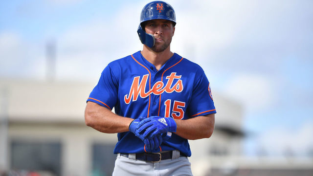 WEST PALM BEACH, FL - MARCH 07: Tim Tebow #15 of the New York Mets at bat during the spring training game against the Washington Nationals at The Ballpark of the Palm Beaches on March 7, 2019 in West Palm Beach, Florida.