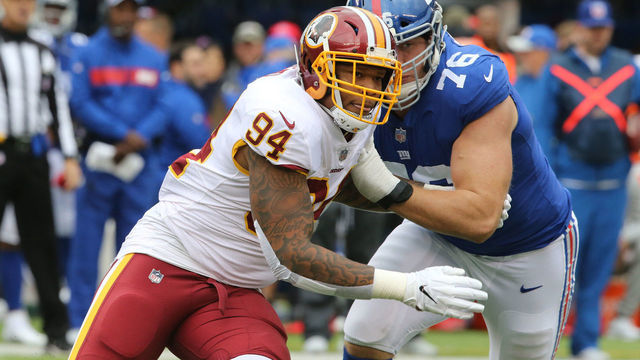 EAST RUTHERFORD, NJ - OCTOBER 28: Linebacker Preston Smith #94 of the Washington Redskins in action against the New York Giants during their game at MetLife Stadium on October 28, 2018 in East Rutherford, New Jersey.