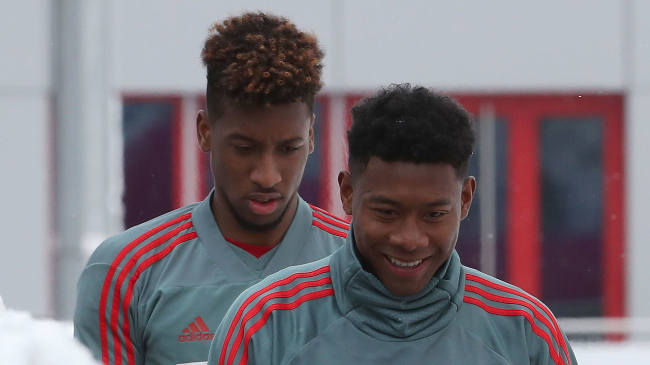 MUNICH, GERMANY - MARCH 11: David Alaba (R) and Kingsley Coman of FC Bayern Muenchen arrive for a training session at the club's Saebener Strasse training ground on March 11, 2019 in Munich, Germany.