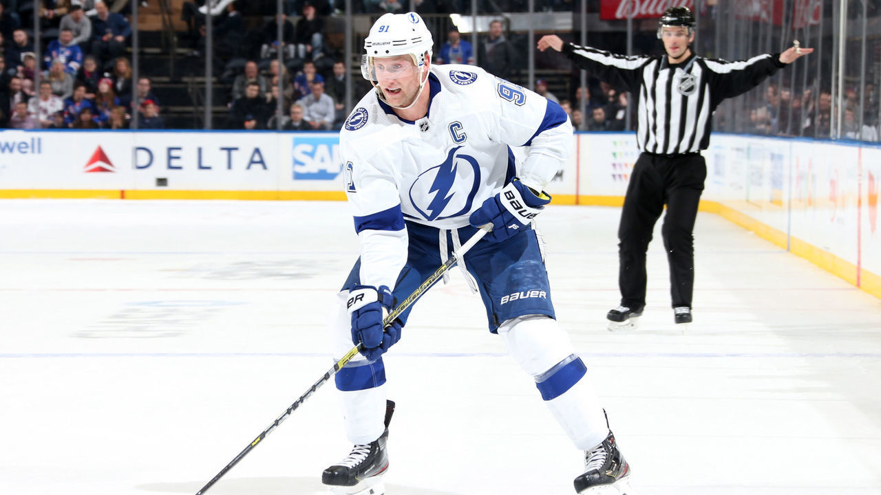 NEW YORK, NY - FEBRUARY 27: Steven Stamkos #91 of the Tampa Bay Lightning skates with the puck against the New York Rangers at Madison Square Garden on February 27, 2019 in New York City. The Tampa Bay Lightning won 4-3 in overtime.