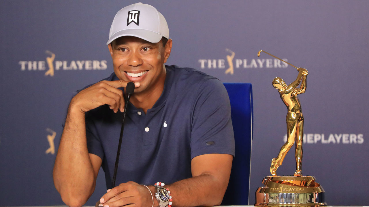 PONTE VEDRA BEACH, FLORIDA - MARCH 12: Tiger Woods of the United States speaks to the media as a preview for the 2019 Players Championship on the Stadium Course at TPC Sawgrass on March 12, 2019 in Ponte Vedra Beach, Florida.