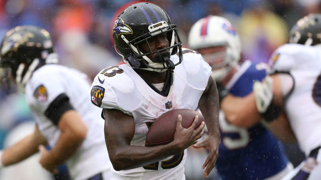 BALTIMORE, MD - SEPTEMBER 9: John Brown #13 of the Baltimore Ravens runs with the ball in the first quarter against the Buffalo Bills at M&T Bank Stadium on September 9, 2018 in Baltimore, Maryland.