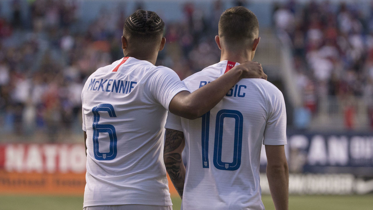 CHESTER, PA - MAY 28: Weston McKennie #6 of the United States puts his arm around Christian Pulisic #10 during the friendly soccer match against Bolivia at Talen Energy Stadium on May 28, 2018 in Chester, Pennsylvania.