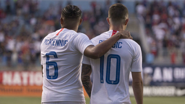CHESTER, PA - MAY 28: Weston McKennie #6 of the United States puts his arm around Christian Pulisic #10 during the friendly soccer match against Bolivia at Talen Energy Stadium on May 28, 2018 in Chester, Pennsylvania.