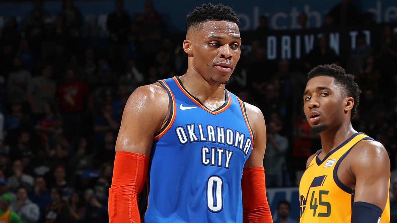 OKLAHOMA CITY, OK- FEBRUARY 22: Russell Westbrook #0 of the Oklahoma City Thunder looks on during a game against the Utah Jazz on February 22, 2019 at Chesapeake Energy Arena in Oklahoma City, Oklahoma. Mandatory Copyright Notice: Copyright 2019 NBAE