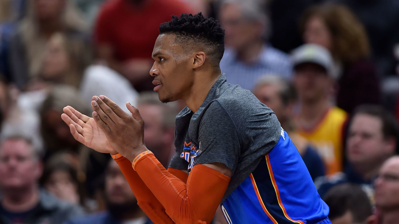 SALT LAKE CITY, UT - MARCH 11: Russell Westbrook #0 of the Oklahoma City Thunder cheers from the bench in the second half of a NBA game against the Utah Jazz at Vivint Smart Home Arena on March 11, 2019 in Salt Lake City, Utah.