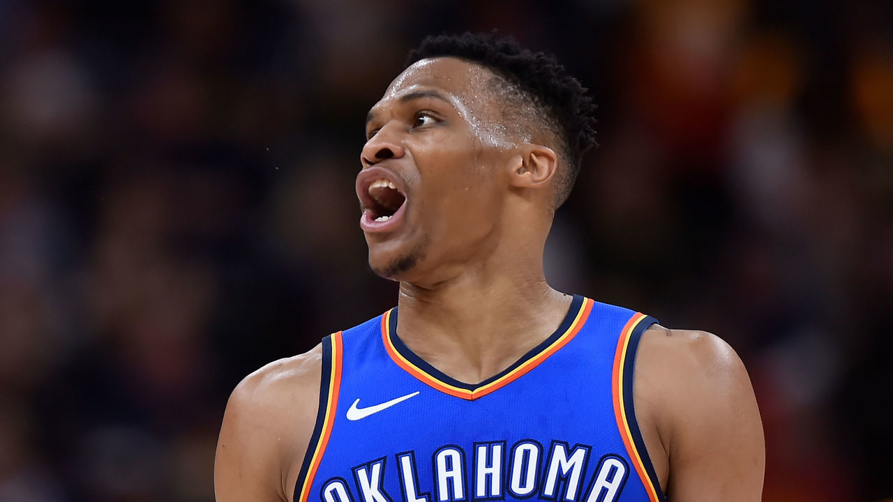 SALT LAKE CITY, UT - MARCH 11: Russell Westbrook #0 of the Oklahoma City Thunder reacts to the crowd after his late game basket in the second half of a NBA game against the Utah Jazz at Vivint Smart Home Arena on March 11, 2019 in Salt Lake City, Utah.