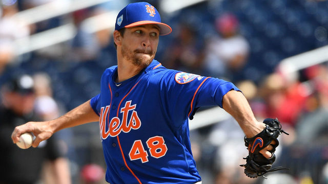 WEST PALM BEACH, FL - MARCH 07: Jacob deGrom #48 of the New York Mets pitching in the first inning of a spring training game against the Washington Nationals at The Ballpark of the Palm Beaches on March 7, 2019 in West Palm Beach, Florida.