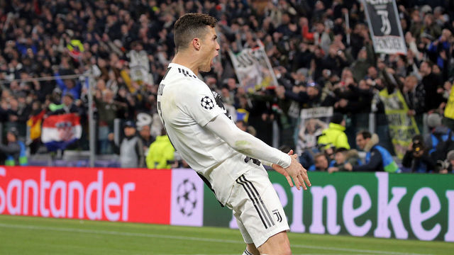 TURIN, ITALY - MARCH 12: Cristiano Ronaldo #7 of Juventus FC celebrate a victory at the end of the UEFA Champions League Round of 16 Second Leg match between Juventus FC and Club de Atletico Madrid at Allianz Stadium on March 12, 2019 in Turin, Italy.