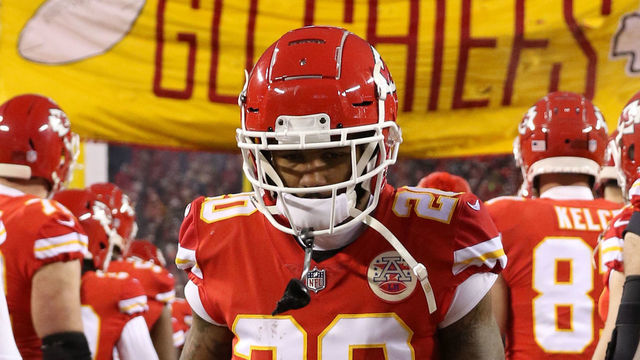 KANSAS CITY, MO - JANUARY 20: Kansas City Chiefs cornerback Steven Nelson (20) runs through teammates before the AFC Championship Game game between the New England Patriots and Kansas City Chiefs on January 20, 2019 at Arrowhead Stadium in Kansas City, MO.