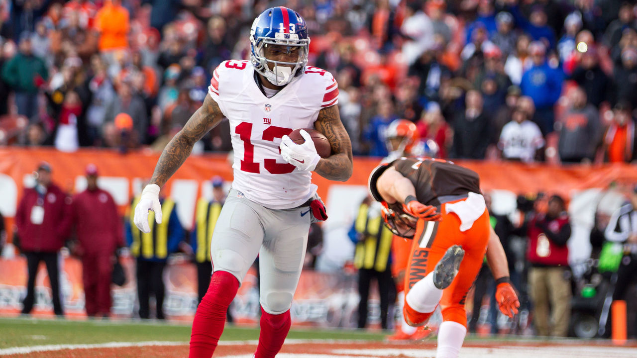 CLEVELAND, OH - NOVEMBER 27: New York Giants Wide Receiver Odell Beckham Jr. (13) in the end zone after making a 4-yard touchdown catch during the fourth quarter of the National Football League game between the New York Giants and Cleveland Browns on November 27, 2016, at FirstEnergy Stadium in Cleveland, OH. New York defeated Cleveland 27-13.