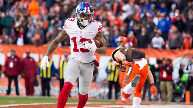 CLEVELAND, OH - NOVEMBER 27: New York Giants Wide Receiver Odell Beckham Jr. (13) in the end zone after making a 4-yard touchdown catch during the fourth quarter of the National Football League game between the New York Giants and Cleveland Browns on November 27, 2016, at FirstEnergy Stadium in Cleveland, OH. New York defeated Cleveland 27-13.