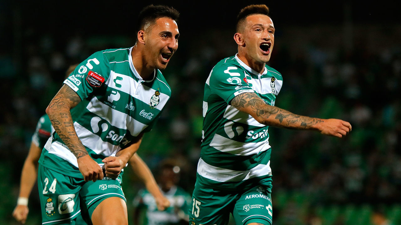 TORREON, MEXICO - MARCH 12: Brian Lozano of Santos celebrates after scoring the second goal of his team during the match between Santos and Red Bulls NY as part of the CONCACAF Champions League at Corona Stadium on March 12, 2019 in Torreon, Mexico.