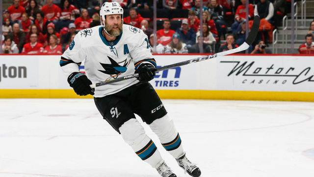 DETROIT, MI - FEBRUARY 24: San Jose Sharks forward Joe Thornton (19) skates during a regular season NHL hockey game between the San Jose Sharks and the Detroit Red Wings on February 24, 2019. at Little Caesars Arena in Detroit, Michigan.