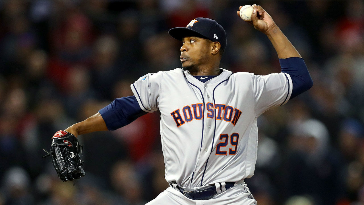 BOSTON, MA - OCTOBER 14: Tony Sipp #29 of the Houston Astros delivers the pitch during the eighth inning against the Boston Red Sox in Game Two of the American League Championship Series at Fenway Park on October 14, 2018 in Boston, Massachusetts.