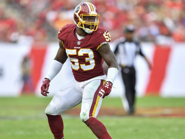TAMPA, FL - NOVEMBER 11: Washington Redskins linebacker Zach Brown (53) during the second half of an NFL game between the Washington Redskins and the Tampa Bay Bucs on November 11, 2018, at Raymond James Stadium in Tampa, FL.