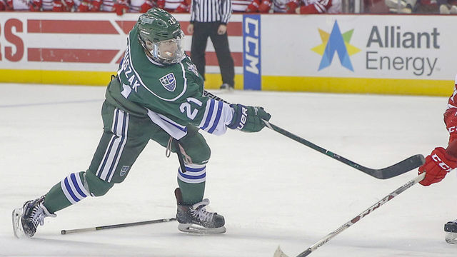 MADISON, WI - NOVEMBER 26: Wisconsin forward Will Johnson (17) tries to block Mercyhurst defenseman Joseph Duszak (21) shot on goal during a college hockey game between the University of Wisconsin Badgers and the Mercyhurst University Lackers on November 26, 2017 at the Kohl Center in Madison, WI.