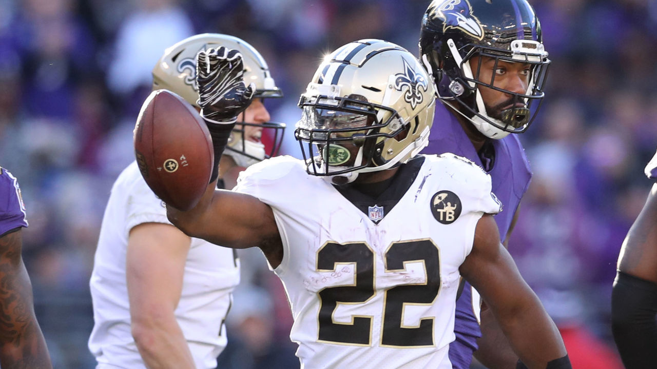 BALTIMORE, MD - OCTOBER 21: Running Back Mark Ingram #22 of the New Orleans Saints reacts after a play in the first quarter against the Baltimore Ravens at M&T Bank Stadium on October 21, 2018 in Baltimore, Maryland.