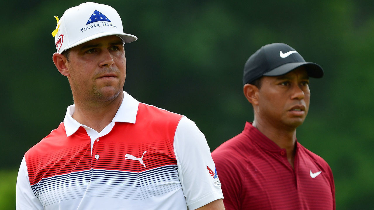ST LOUIS, MO - AUGUST 12: Gary Woodland and Tiger Woods of the United States stand on the third hole during the final round of the 2018 PGA Championship at Bellerive Country Club on August 12, 2018 in St Louis, Missouri.