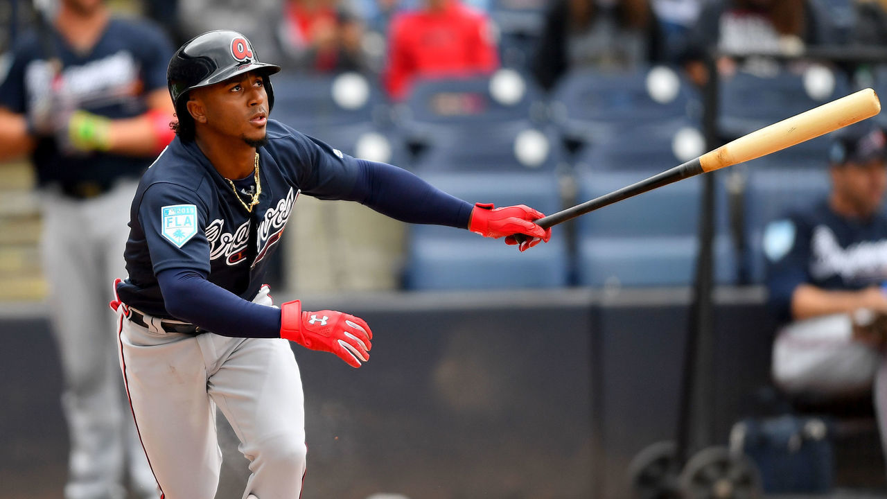 TAMPA, FLORIDA - MARCH 05: Ozzie Albies #1 of the Atlanta Braves runs to first base after making contact against the New York Yankees during a spring training game at Steinbrenner Field on March 05, 2019 in Tampa, Florida.