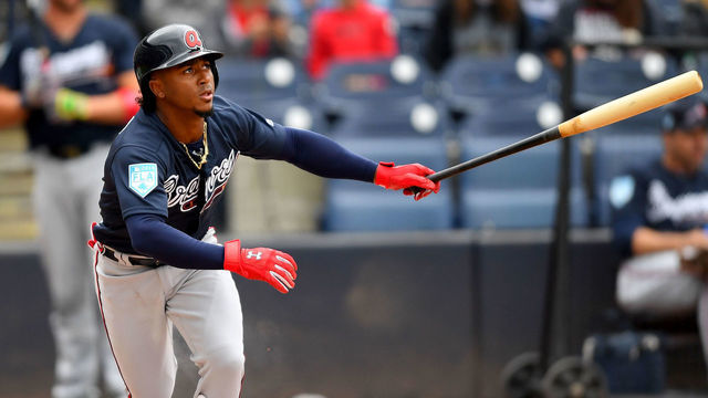 TAMPA, FLORIDA - MARCH 05: Ozzie Albies #1 of the Atlanta Braves runs to first base after making contact against the New York Yankees during a spring training game at Steinbrenner Field on March 05, 2019 in Tampa, Florida.