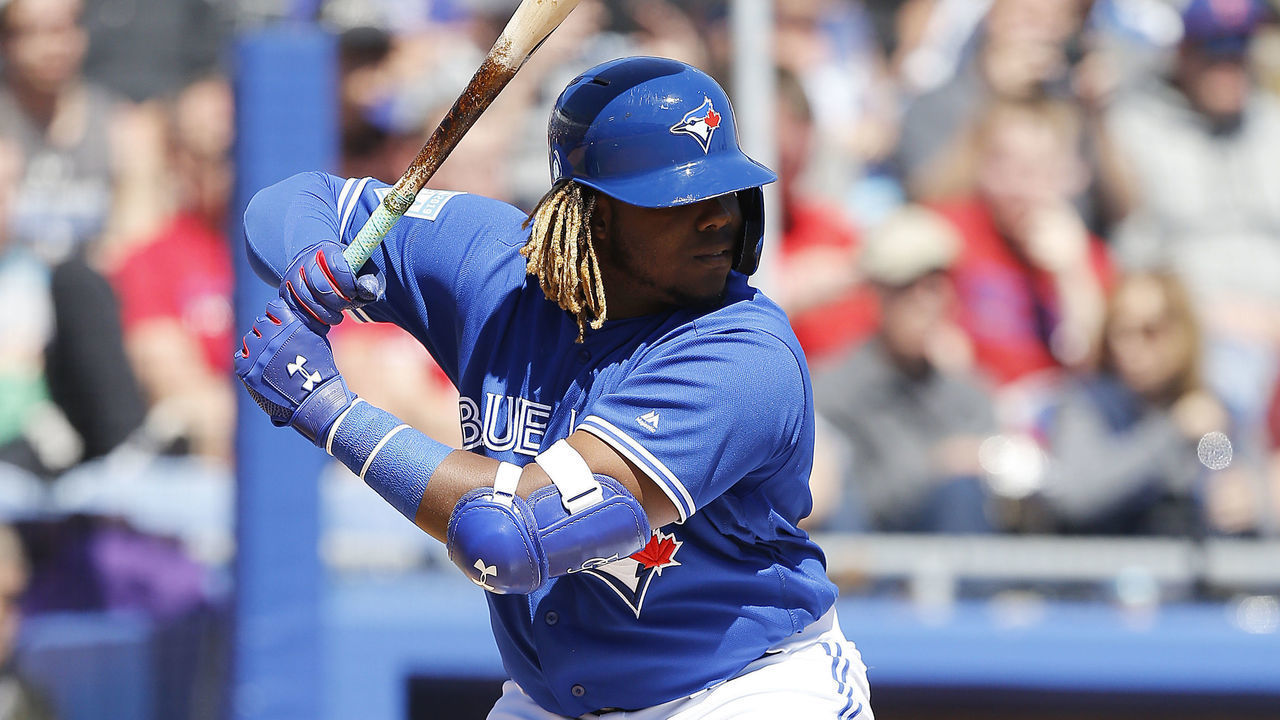 DUNEDIN, FLORIDA - MARCH 06: Vladimir Guerrero Jr. #27 of the Toronto Blue Jays in action against the Philadelphia Phillies during the Grapefruit League spring training game at Dunedin Stadium on March 06, 2019 in Dunedin, Florida.