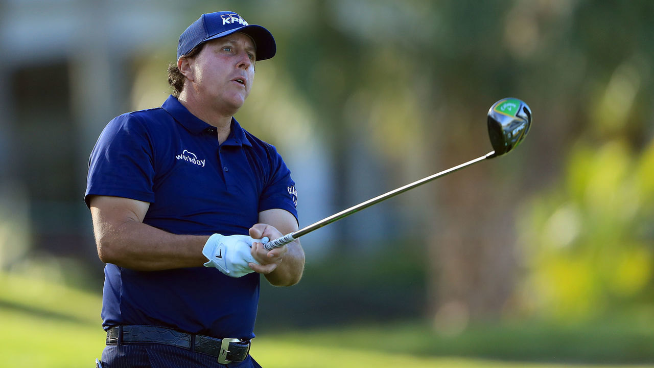 ORLANDO, FLORIDA - MARCH 08: Phil Mickelson of the United States plays his shot from the 12th tee during the second round of the Arnold Palmer Invitational Presented by Mastercard at the Bay Hill Club on March 08, 2019 in Orlando, Florida.