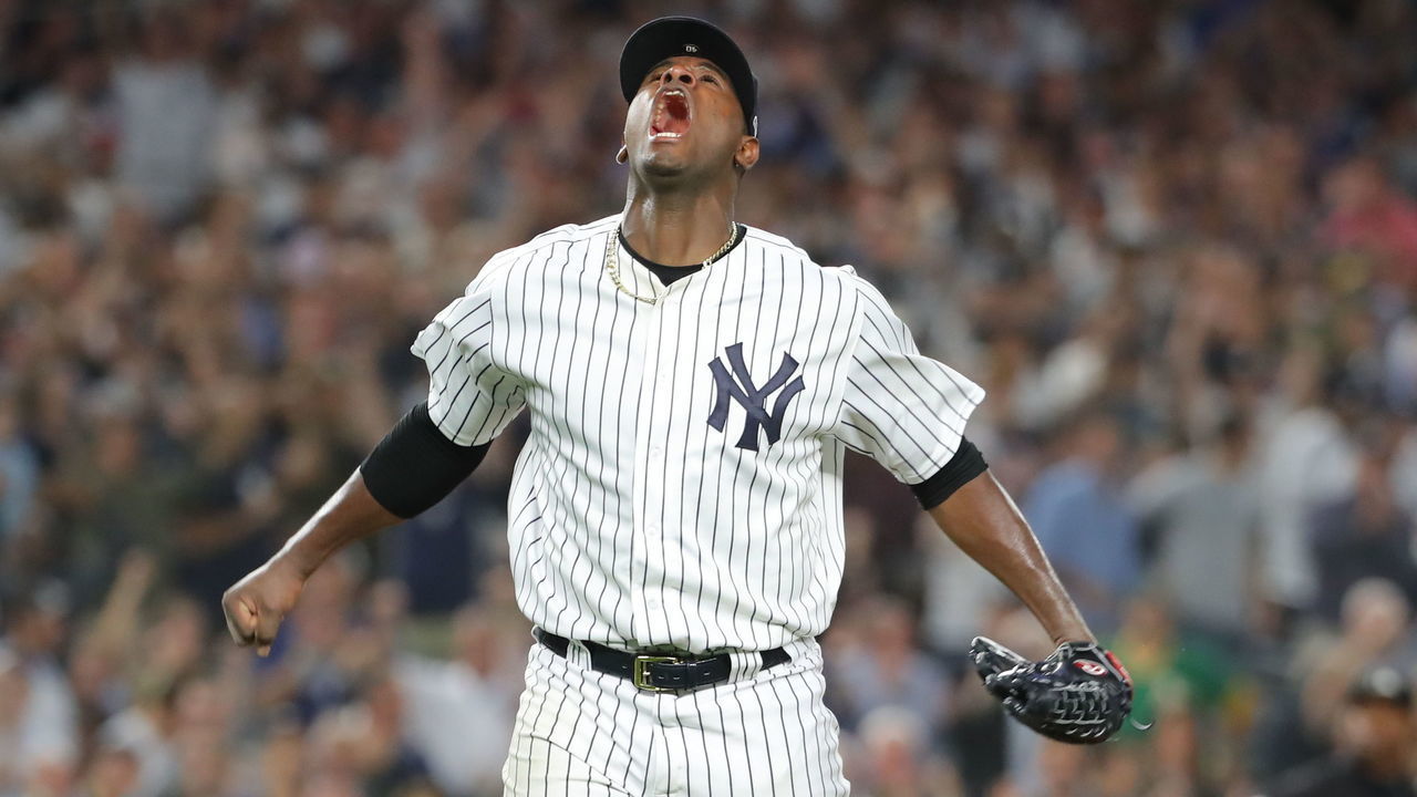 NEW YORK, NY - OCTOBER 3: Luis Severino #40 of the New York Yankees celebrates during the American League Wild Card game against the Oakland Athletics at Yankee Stadium on Wednesday, October 3, 2018 in the Bronx borough of New York City.