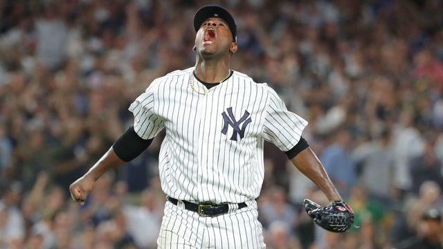 NEW YORK, NY - OCTOBER 3: Luis Severino #40 of the New York Yankees celebrates during the American League Wild Card game against the Oakland Athletics at Yankee Stadium on Wednesday, October 3, 2018 in the Bronx borough of New York City.