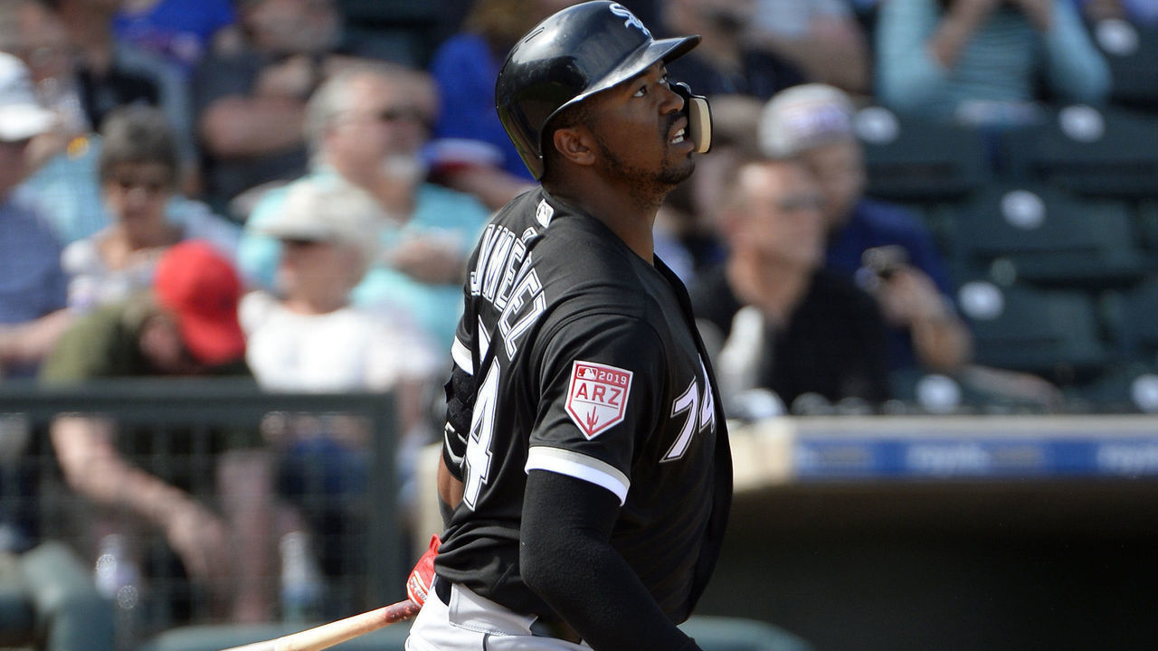 SURPRISE, ARIZONA - MARCH 01: Eloy Jimenez #74 of the Chicago White Sox bats against the Texas Rangers on March 1, 2019 at Billy Parker Field at Surprise Stadium in Surprise Arizona.