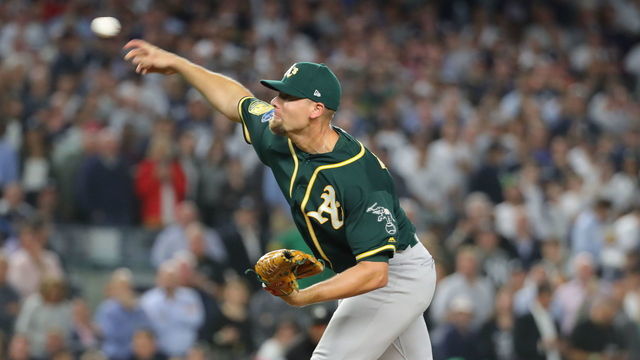 NEW YORK, NY - OCTOBER 3: Blake Treinen #39 of the Oakland Athletics pitches during the American League Wild Card game against the New York Yankees at Yankee Stadium on Wednesday, October 3, 2018 in the Bronx borough of New York City.